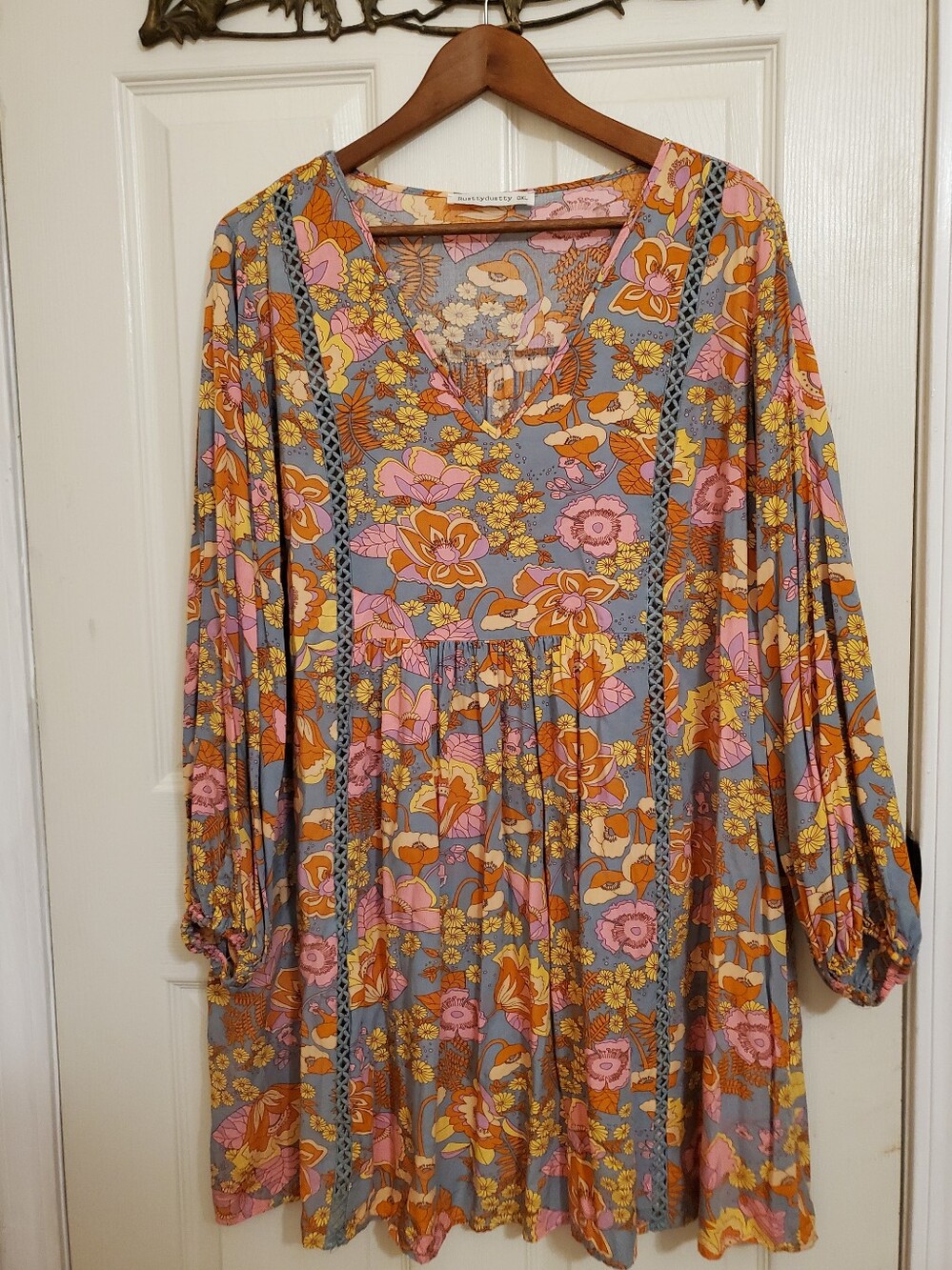 Rusttydustty Floral V-Neck Long Sleeve Boho Dress in Gray, Pink & Orange XL